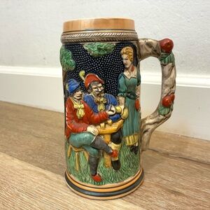 Vintage German Style Beer Stein 8” Relief Folk Scene Ceramic Mug Chip